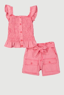 Girls Mineral Wash Peplum Top and Cargo Shorts, Pink,