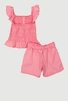 Girls Mineral Wash Peplum Top and Cargo Shorts, Pink, Size 14-16