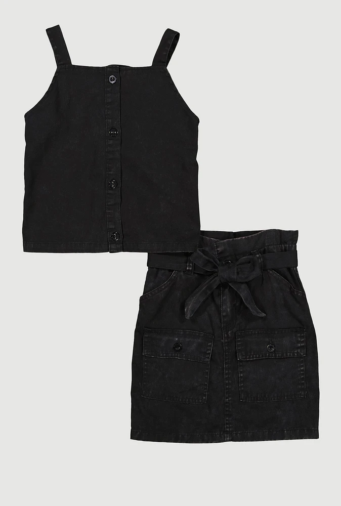 Girls Button Front Top with Cargo Skirt, Black, Size 14-16