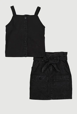 Girls Button Front Top with Cargo Skirt, Black, Size 14-16
