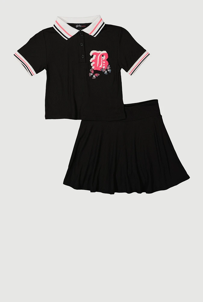Girls B Initial Chenille Embroidered Polo Shirt and Skirt, Black, Size 10-12