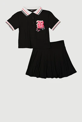Girls B Initial Chenille Embroidered Polo Shirt and Skirt, Black, Size 10-12