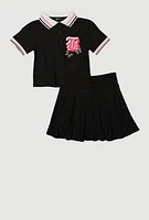 Girls B Initial Chenille Embroidered Polo Shirt and Skirt, Black, Size 10-12