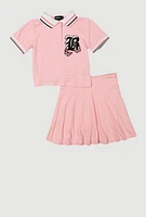 Girls B Initial Chenille Embroidered Polo Shirt and Skirt, Pink, Size 14-16