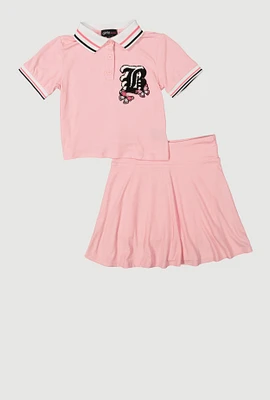 Girls B Initial Chenille Embroidered Polo Shirt and Skirt, Pink, Size 7-8