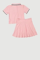 Girls B Initial Chenille Embroidered Polo Shirt and Skirt, Pink, Size 14-16