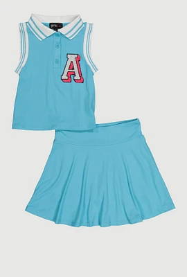 Girls Chenille Initial A Patch Polo Tee and Skort, Blue, Size 7-8