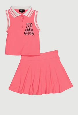 Girls Chenille Initial A Patch Polo Tee and Skort, Pink,