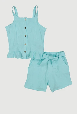 Girls Sleeveless Button Front Ruffle Hem Top and Shorts,