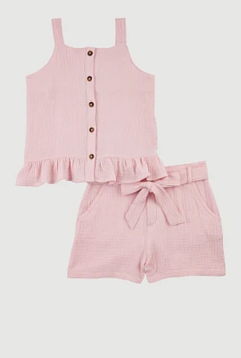 Girls Sleeveless Button Front Ruffle Hem Top and Shorts, Pink, Size 14-16