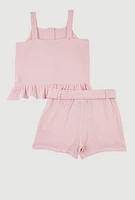Girls Sleeveless Button Front Ruffle Hem Top and Shorts, Pink, Size 14-16