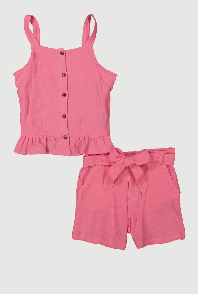 Girls Sleeveless Button Front Ruffle Hem Top and Shorts, Pink, Size 10-12