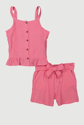 Girls Sleeveless Button Front Ruffle Hem Top and Shorts, Pink, Size 10-12