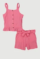 Girls Sleeveless Button Front Ruffle Hem Top and Shorts, Pink, Size 10-12