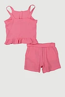 Girls Sleeveless Button Front Ruffle Hem Top and Shorts, Pink, Size 10-12