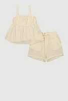Girls Gauze Knit Smocked Top and Shorts, Beige,