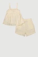 Girls Gauze Knit Smocked Top and Shorts, Beige,