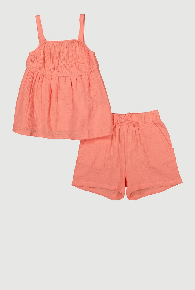 Girls Gauze Knit Smocked Top and Shorts,
