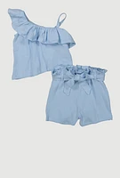 Girls Gauze Knit Asymmetrical Top and Shorts, 10-12
