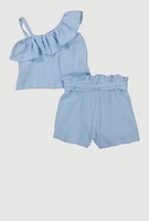 Girls Gauze Knit Asymmetrical Top and Shorts, 10-12