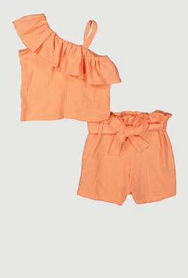 Girls Gauze Knit Asymmetrical Top and Shorts, Orange, Size 14-16