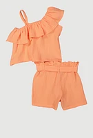 Girls Gauze Knit Asymmetrical Top and Shorts, Orange, Size 14-16