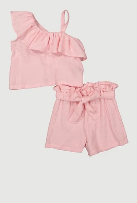 Girls Gauze Knit Asymmetrical Top and Shorts, Pink, Size 14-16