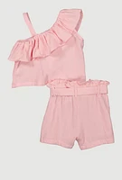 Girls Gauze Knit Asymmetrical Top and Shorts, Pink, Size 14-16