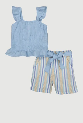 Girls Smocked Peplum Top and Striped Shorts, Blue, Size 7-8