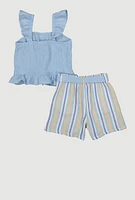 Girls Smocked Peplum Top and Striped Shorts, Blue, Size 7-8