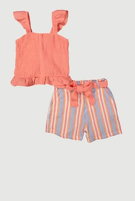 Girls Smocked Peplum Top and Striped Shorts, Orange, Size 7-8