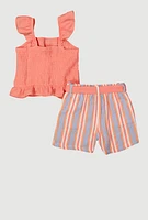 Girls Smocked Peplum Top and Striped Shorts, Orange, Size 7-8