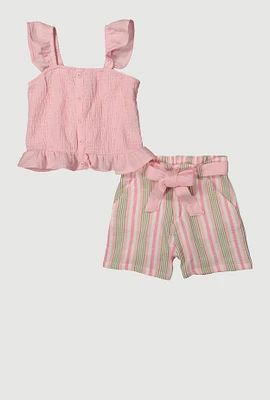 Girls Smocked Peplum Top and Striped Shorts, Pink, Size 14-16
