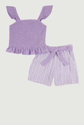 Girls Sleeveless Smocked Top and Striped Shorts, Purple, Size 10-12