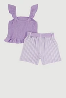 Girls Sleeveless Smocked Top and Striped Shorts, Purple, Size 10-12