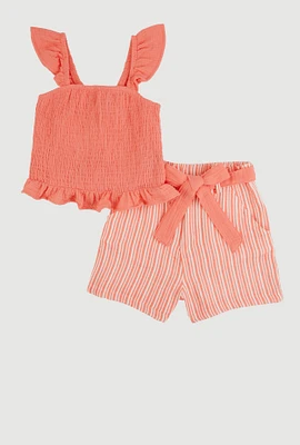 Girls Sleeveless Smocked Top and Striped Shorts,