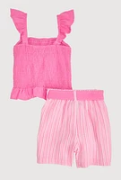 Girls Sleeveless Smocked Top and Striped Shorts,
