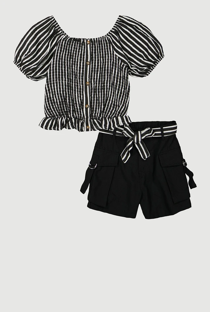 Girls Striped Smocked Top and Cargo Shorts, Black,