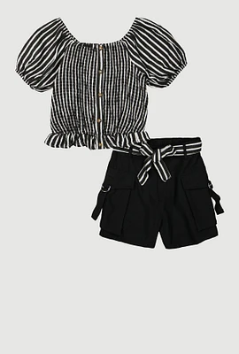 Girls Striped Smocked Top and Cargo Shorts, Black,