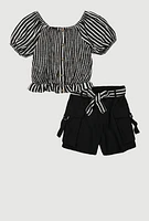Girls Striped Smocked Top and Cargo Shorts, Black,