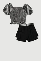 Girls Striped Smocked Top and Cargo Shorts, Black,