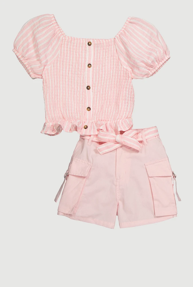 Girls Striped Smocked Top and Cargo Shorts, Pink, Size 10-12