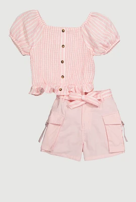 Girls Striped Smocked Top and Cargo Shorts, Pink, Size 10-12