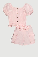 Girls Striped Smocked Top and Cargo Shorts, Pink, Size 10-12
