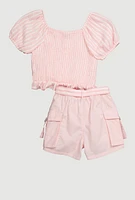 Girls Striped Smocked Top and Cargo Shorts, Pink, Size 10-12