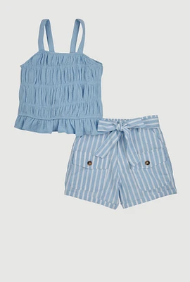 Girls Smocked Cami and Tie Waist Belted Striped Shorts,