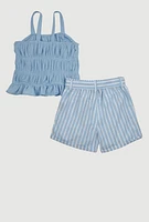 Girls Smocked Cami and Tie Waist Belted Striped Shorts,