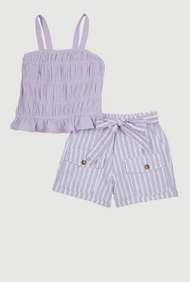 Girls Smocked Cami and Tie Waist Belted Striped Shorts, Purple, Size 7-8