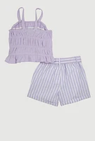 Girls Smocked Cami and Tie Waist Belted Striped Shorts, Purple, Size 7-8