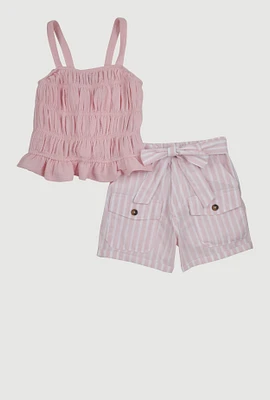 Girls Smocked Cami and Tie Waist Belted Striped Shorts,